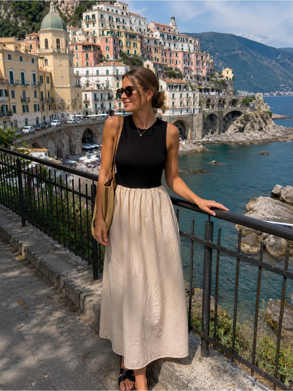 Sleeveless Black & Cream Midi Dress